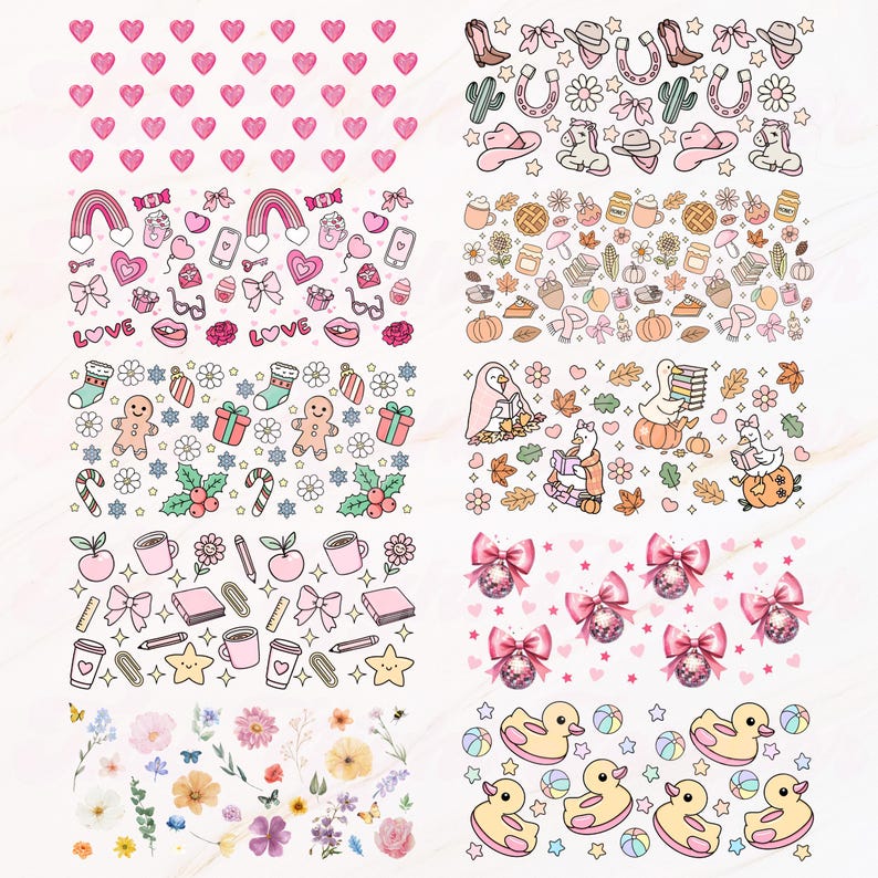 May include: A collection of decorative sticker sheets featuring various designs. Includes pink hearts, rainbows, cowboy hats, autumn leaves, Christmas ornaments, ducks, and floral patterns. Perfect for scrapbooking or crafting projects.