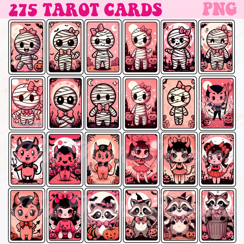 Op de afbeelding: Een set van 275 tarotkaarten met schattige, cartoonachtige illustraties van mummies, duivels en wasberen in een Halloween-thema. De kaarten hebben een roze achtergrond met een witte rand.