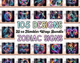 May include: A set of 105 designs for 20 oz tumbler wraps featuring zodiac signs. Each design features a different zodiac sign with a colorful, neon-like design on a black background.