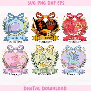 May include: A digital download graphic featuring six book club designs. Each design includes a heart-shaped frame with a bow, a banner with a book club genre, and themed illustrations such as a crystal ball, a magnifying glass, and a dragon. Text includes "MAGICAL", "TRUE CRIME", "SPICY", "ROMANCE", "MYSTERY", and "FANTASY".