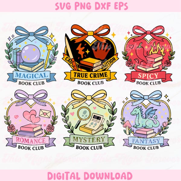 Club de lecture coeur Bundle PNG SVG, ensemble de cliparts livresques mignons, dessins de livres Coquette, girlie livresques, dessins tendance, téléchargement numérique