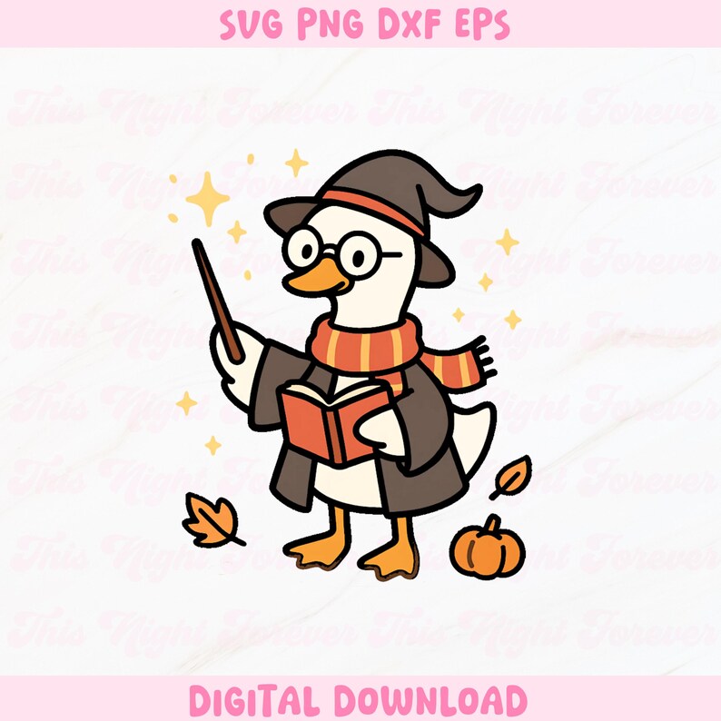 May include: A cartoon illustration of a goose dressed as a wizard, wearing a hat, glasses, and a scarf. The goose holds a wand and a book, with stars, leaves, and a pumpkin around it. Text at the top reads "SVG PNG DXF EPS" and at the bottom "DIGITAL DOWNLOAD".