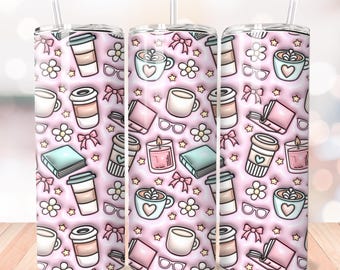 Books Coffee Tumbler Wrap, Inflated Tumbler Wrap, 20oz Skinny Tumbler, Sublimation Design, Trendy Png, Tumbler Wrap Png, 3D Tumbler Wrap