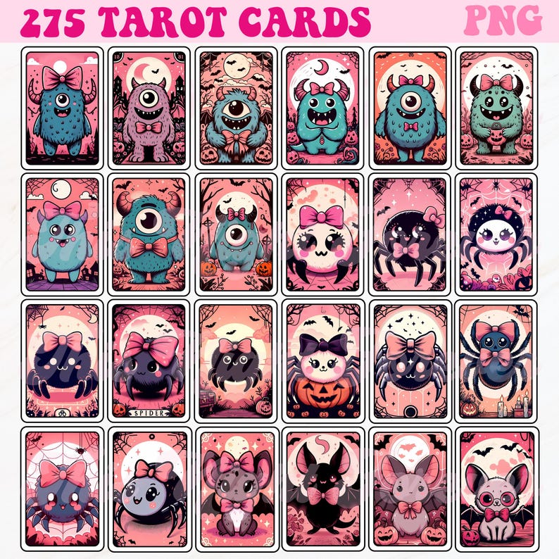 Op de afbeelding: Een set van 25 tarotkaarten met schattige, cartoonachtige illustraties van monsters, spinnen en vleermuizen. De kaarten hebben een roze achtergrond met een witte rand en zijn gelabeld "275 Tarotkaarten".