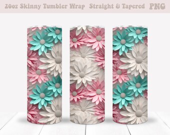 May include: A sublimation design featuring a pattern of pink, white, and teal paper flowers. This design is for a 20oz skinny tumbler wrap.