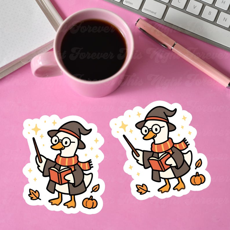 May include: Two stickers featuring a cartoon goose dressed as a wizard, wearing a hat, glasses, and scarf, holding a wand and book. The stickers have a white border and are decorated with stars, leaves, and pumpkins. The background is pink.