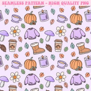 May include: A seamless pattern featuring a variety of autumnal and cosy elements, including pumpkins, leaves, coffee cups, candles, mushrooms, boots, and sweaters. The pattern is drawn in a cute, doodle style with a light purple background.
