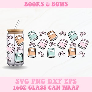Books and Bows Svg, Books Glass Can Wrap, Books Libbey Wrap Svg, Libbey Glass Wrap, Glass Can Svg, Book Lover Svg, 16oz Glass Can Wrap