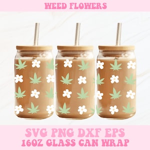 May include: Three 16oz glass can wraps with a design of green marijuana leaves and white flowers. The wraps are designed to be used on glass beverage containers.