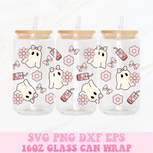 May include: Three clear glass can wraps with wooden lids and straws. Each wrap features a cute ghost design with a pink bow, flower, and drink illustration. The text at the bottom reads "SVG PNG DXF EPS 16OZ GLASS CAN WRAP."