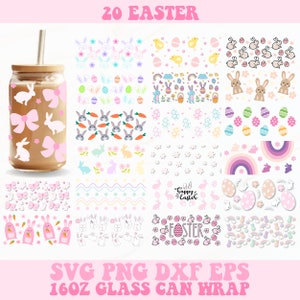 Puede incluir: 20 diseños temáticos de Pascua para envolturas de latas de vidrio de 473 ml. Los diseños presentan conejos, huevos, zanahorias, arcoíris, flores y el texto "Feliz Pascua" y "Pascua".