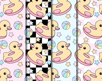 May include: Seamless pattern design featuring cartoon rubber ducks, beach balls, and stars on pink, checkered, and blue backgrounds. The image includes the text "SEAMLESS PATTERNS - HIGH QUALITY PNG JPG".