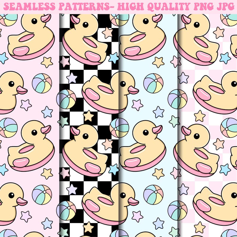 May include: Seamless pattern design featuring cartoon rubber ducks, beach balls, and stars on pink, checkered, and blue backgrounds. The image includes the text "SEAMLESS PATTERNS - HIGH QUALITY PNG JPG".