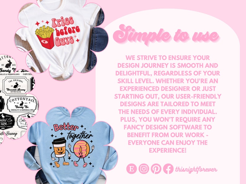 May include: Two designs for t-shirts. The first design is white with a red and yellow cartoon image of fries in a red box with the text "Fries before guys". The second design is light blue with a cartoon image of a coffee cup and a donut with the text "Better together".