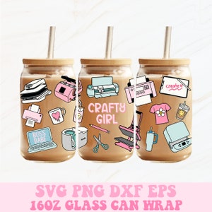 May include: Three 16 oz glass can wraps with a craft theme. The wraps feature a variety of craft-related images, including a Cricut machine, a heat press, scissors, and a mug. The text "CRAFTY GIRL" is featured on one of the wraps.