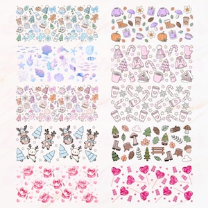 May include: A collection of decorative sticker designs featuring various themes. Designs include winter holiday elements, marine life, and autumn motifs. Other designs include reindeer and Christmas trees, and pink gift boxes and lollipops.