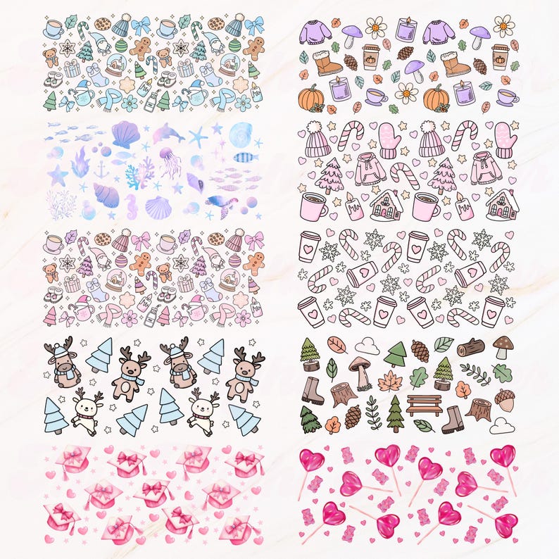 May include: A collection of decorative sticker designs featuring various themes. Designs include winter holiday elements, marine life, and autumn motifs. Other designs include reindeer and Christmas trees, and pink gift boxes and lollipops.