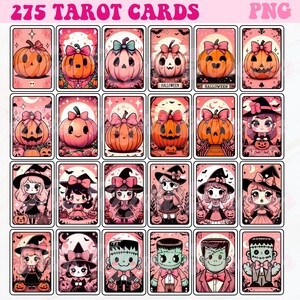 Op de afbeelding: Een set van 25 tarotkaarten met Halloween-thema met illustraties van pompoenen, heksen en monsters. De kaarten hebben een roze achtergrond met een witte rand en zijn gerangschikt in een raster.