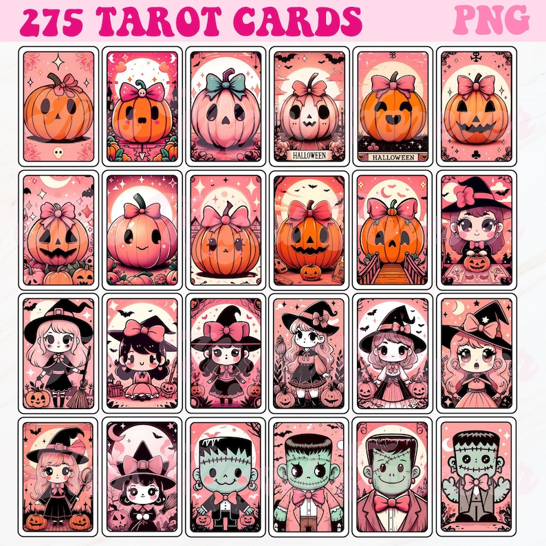 Op de afbeelding: Een set van 25 tarotkaarten met Halloween-thema met illustraties van pompoenen, heksen en monsters. De kaarten hebben een roze achtergrond met een witte rand en zijn gerangschikt in een raster.