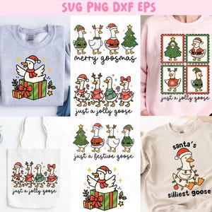 May include: Collection of Christmas-themed apparel featuring cartoon geese. Designs include geese in Santa hats, Christmas lights, and gift boxes. Text includes "merry goosmas", "just a jolly goose", and "santa's silliest goose".