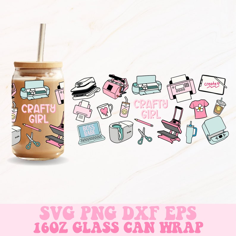 May include: A 16 oz glass can wrap design featuring a pink and blue color scheme with various crafting tools and the text "CRAFTY GIRL".