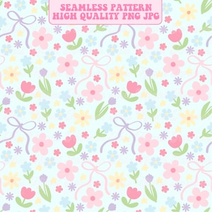 May include: A seamless pattern featuring a light blue background with a repeating design of pastel-colored flowers, bows, and leaves. The flowers are pink, yellow, and blue, with green leaves and purple accents. Text at the top reads "SEAMLESS PATTERN HIGH QUALITY PNG JPG."