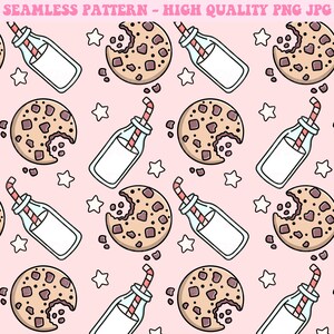 May include: A seamless pattern featuring a pink background with white stars, chocolate chip cookies with a bite taken out, and bottles of milk with red and white striped straws.