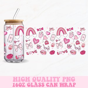 May include: A clear glass can with a bamboo lid and straw, featuring a pink Valentine's Day design. The design includes hearts, bows, rainbows, and the word "LOVE". The bottom of the image reads "HIGH QUALITY PNG 16OZ GLASS CAN WRAP".