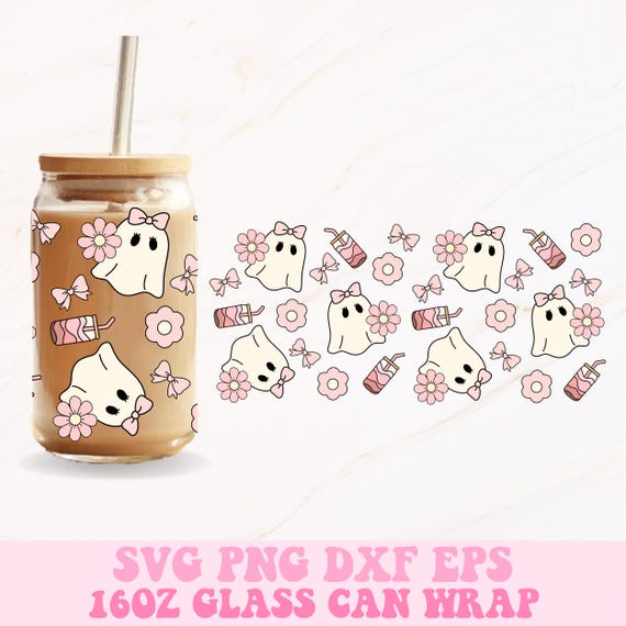 Girly Ghosts Glass Can Wrap: Iced Coffee PNG (Digital Download)