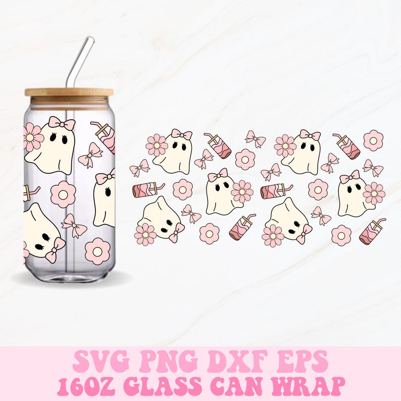May include: A clear glass can with a bamboo lid and a straw, featuring a repeating pattern of cute ghost illustrations with bows and flowers, along with pink drinks and bows. The text at the bottom reads "SVG PNG DXF EPS 16OZ GLASS CAN WRAP."