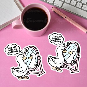 K&ouml;nnte beinhalten: Zwei wei&szlig;e Entensticker mit rosa Akzenten. Jede Ente schaut in einen Spiegel mit rosa Rahmen und einer Blume. Der Text "You are ducking gorgeous" befindet sich in einer Gedankenblase &uuml;ber jeder Ente.