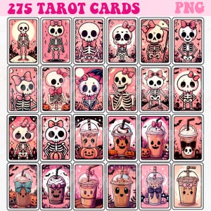 Op de afbeelding: Een set van 275 tarotkaarten met schattige cartoon-skeletten met roze strikken en verschillende accessoires. De kaarten hebben een roze achtergrond met een witte rand. De kaarten zijn gelabeld met "275 Tarot Cards" en "PNG".