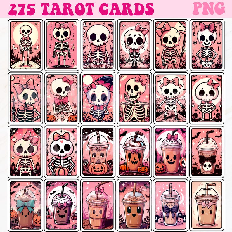 Op de afbeelding: Een set van 275 tarotkaarten met schattige cartoon-skeletten met roze strikken en verschillende accessoires. De kaarten hebben een roze achtergrond met een witte rand. De kaarten zijn gelabeld met "275 Tarot Cards" en "PNG".