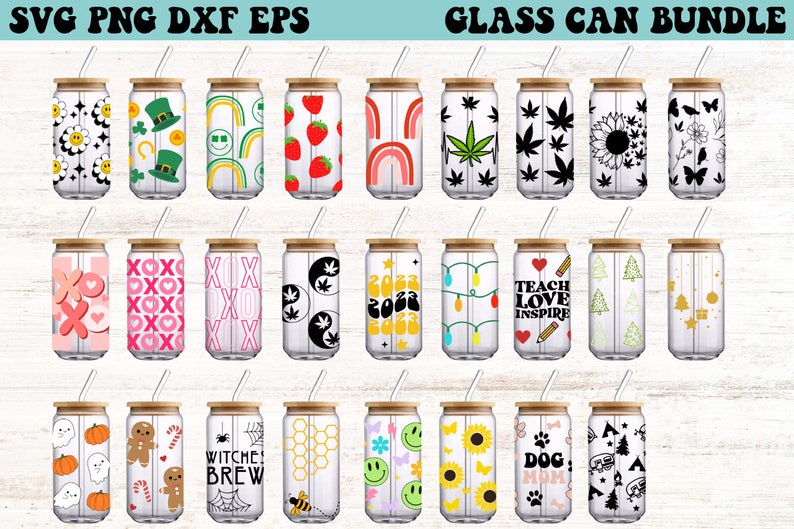 May include: A set of 24 digital designs for glass can wraps. The designs feature various patterns and graphics, including rainbows, hearts, stars, and more. The designs are perfect for adding a personal touch to your glass cans.