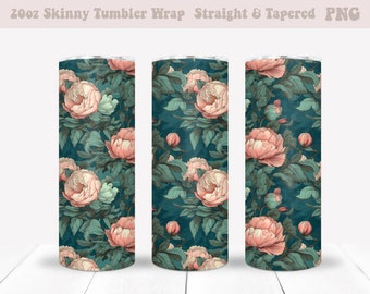 May include: A 20oz skinny tumbler wrap design featuring a floral pattern with pink peonies and green leaves on a teal background. The design is shown on three different sections of the tumbler, showcasing the full pattern.