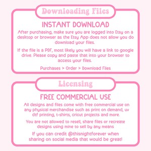 May include: Pink and white graphic with text about downloading files and licensing for commercial use. The text includes instructions for instant downloads, and details about free commercial use for various merchandise.