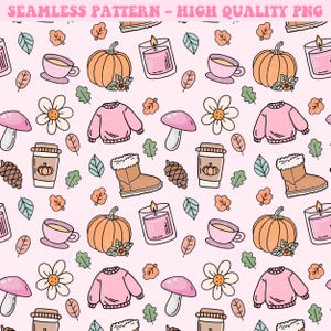 Pode incluir: Um padrão sem costura que apresenta uma variedade de elementos outonais e aconchegantes, incluindo abóboras, folhas, xícaras de café, velas, cogumelos, suéteres e botas. O padrão está sobre um fundo rosa claro.