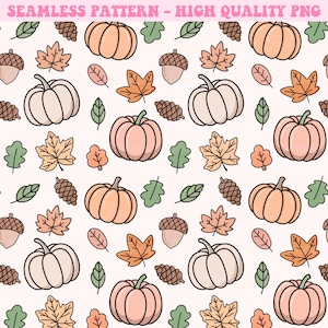 Puede incluir: Un patrón sin costuras que presenta una variedad de elementos otoñales, incluyendo calabazas, bellotas, piñas y hojas en tonos de naranja, marrón, verde y blanco. El patrón está sobre un fondo blanco.