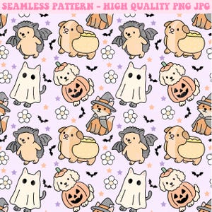 May include: A seamless pattern featuring cartoon illustrations of a ghost, dog in a pumpkin costume, fox in a witch hat, hedgehog with bat wings, and other Halloween-themed elements on a light purple background. The text "SEAMLESS PATTERN - HIGH QUALITY PNG JPG" is at the top.