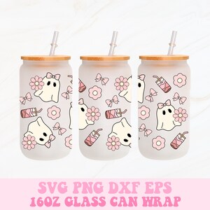 May include: Three frosted glass can wraps with bamboo lids and straws. Each features a repeating pattern of a ghost with a bow, flowers, and a drink. The text "SVG PNG DXF EPS 16OZ GLASS CAN WRAP" is at the bottom.