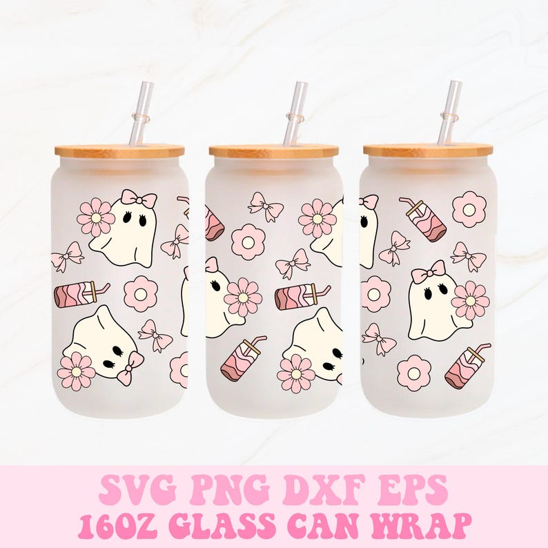 May include: Three frosted glass can wraps with bamboo lids and straws. Each features a repeating pattern of a ghost with a bow, flowers, and a drink. The text "SVG PNG DXF EPS 16OZ GLASS CAN WRAP" is at the bottom.