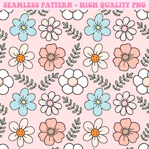 May include: A seamless pattern featuring a variety of flowers in pink, blue, white, and cream on a light pink background. The flowers are drawn in a simple, cartoon style and include daisies, roses, and other floral designs.