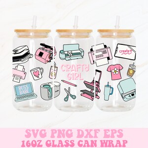 May include: Three 16oz glass can wraps with a craft theme. The wraps feature a variety of craft supplies, including a Cricut machine, a heat press, a mug press, a sewing machine, scissors, a pencil, a mug, a t-shirt, and a laptop. The text "CRAFTY GIRL" is featured on one of the wraps.