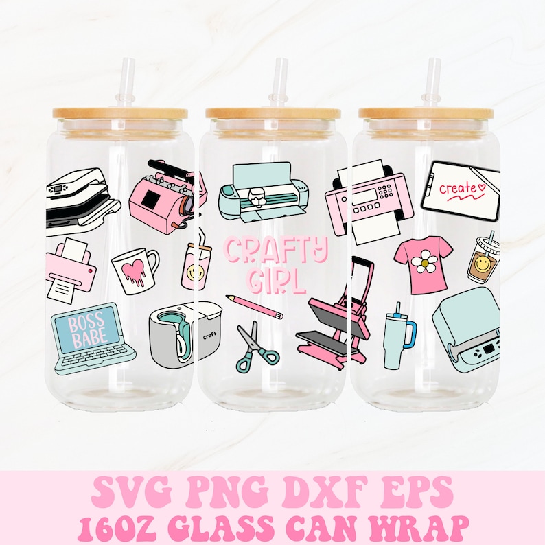 May include: Three 16oz glass can wraps with a craft theme. The wraps feature a variety of craft supplies, including a Cricut machine, a heat press, a mug press, a sewing machine, scissors, a pencil, a mug, a t-shirt, and a laptop. The text "CRAFTY GIRL" is featured on one of the wraps.