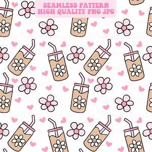 May include: Seamless pattern featuring repeating images of iced coffee drinks with flower designs, pink flowers, and pink hearts on a white background. The text "SEAMLESS PATTERN HIGH QUALITY PNG JPG" is at the top.