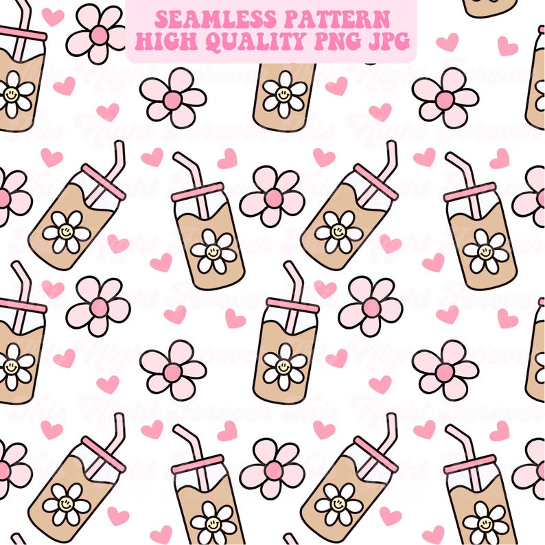 May include: Seamless pattern featuring repeating images of iced coffee drinks with flower designs, pink flowers, and pink hearts on a white background. The text "SEAMLESS PATTERN HIGH QUALITY PNG JPG" is at the top.