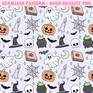 May include: A seamless pattern featuring a variety of Halloween-themed illustrations, including ghosts, pumpkins, witches' hats, skulls, cauldrons, bats, spiderwebs, candles, and a book with a pumpkin on the cover. The background is a light purple colour.