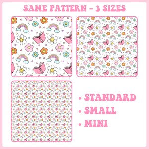 May include: Three different sizes of a seamless pattern featuring a pink book, a rainbow, a daisy, a heart, and a smiley face. The text "SAME PATTERN - 3 SIZES" is at the top of the image. The text "STANDARD", "SMALL", and "MINI" is on the right side of the image.