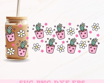 Girly Plants Glass Can Png, 16oz Glass Can Wrap, Floral Glass Can, Daisy Glass Can Png, Girly Png, Valentines Libbey Wrap, Summer Glass Can