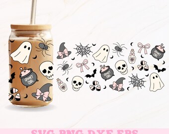 Spooky Girl Glass Can Wrap Svg, Halloween Libbey Wrap Svg, Libbey Glass Wrap, Glass Can Svg, 16oz Glass Can Wrap, Girly Halloween Svg
